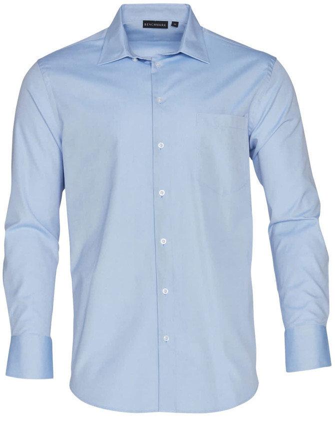 A light blue men's button-up shirt with long sleeves and a single chest pocket. It features a logo on the collar.