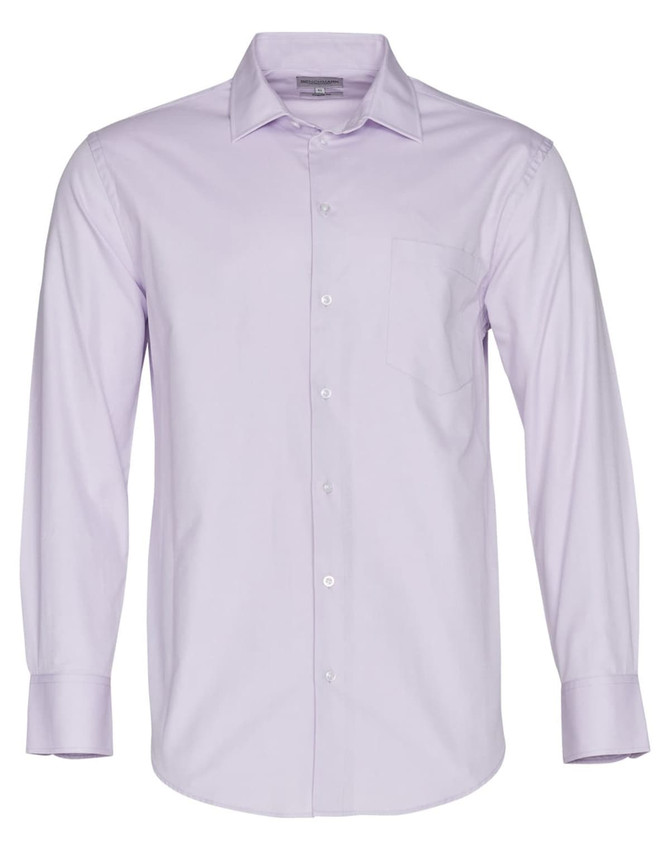 A light purple long-sleeve button-up shirt with a single chest pocket and a brand logo.