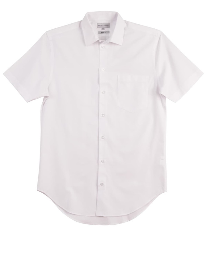 A white short-sleeve button-up shirt with a pocket and a logo. Clean and simple design.