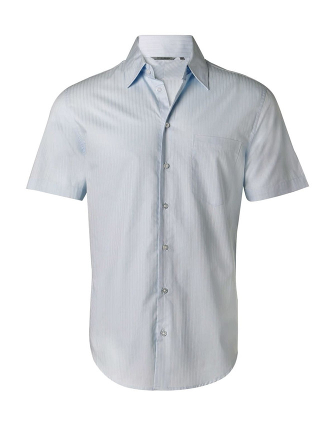 A light blue short-sleeve button-up shirt with a self-stripe pattern and a chest pocket. It has a logo.
