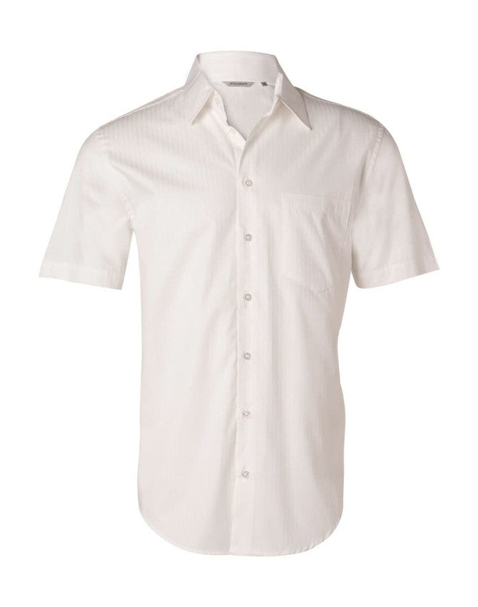 Men's short-sleeve button-up shirt in white with a self-stripe pattern and a single chest pocket.