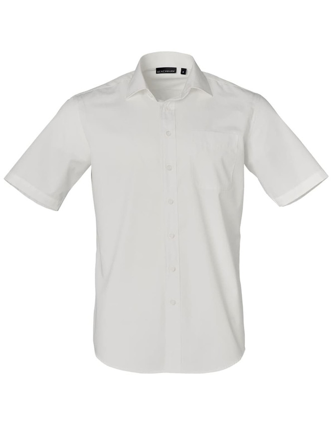 A white short-sleeve button-up shirt featuring a chest pocket and a logo.