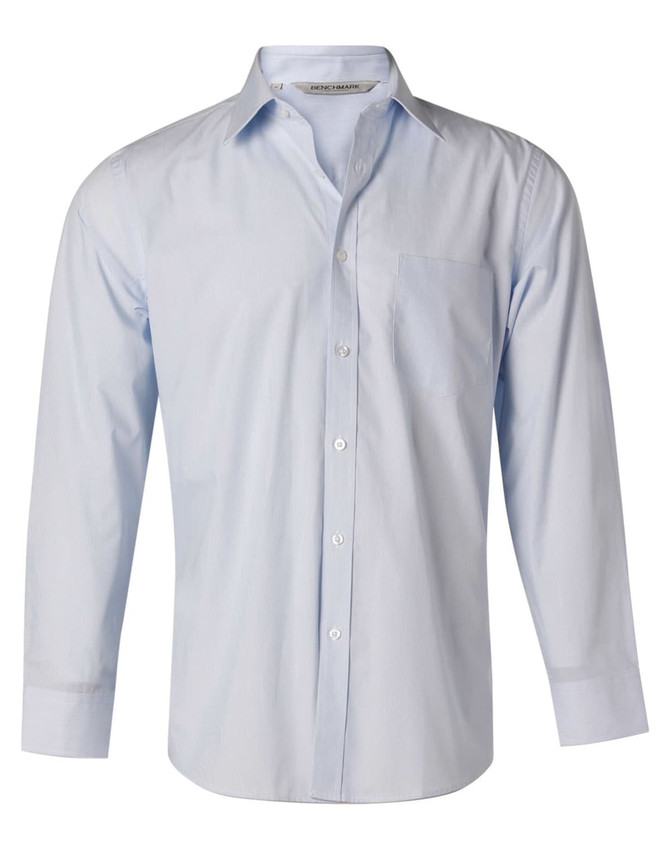 A light blue long sleeve button-up shirt with fine stripes and a single chest pocket, featuring a small logo.