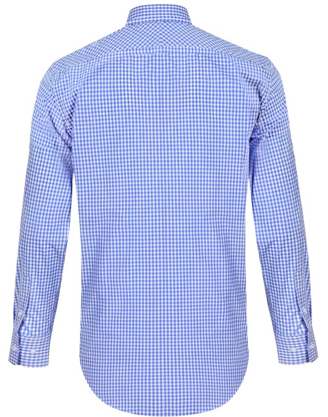 A blue and white gingham check men's roll-up long sleeve shirt, featuring a button-up design and a branding logo.