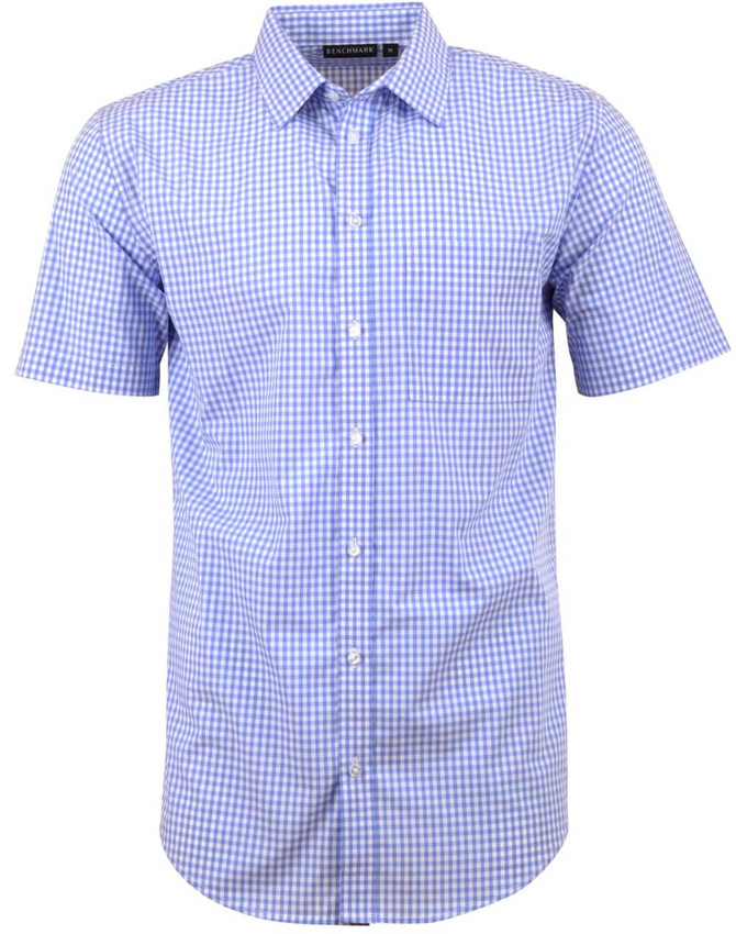 A short-sleeved men's button-up shirt in a blue and white gingham check pattern, featuring a collar and buttons.