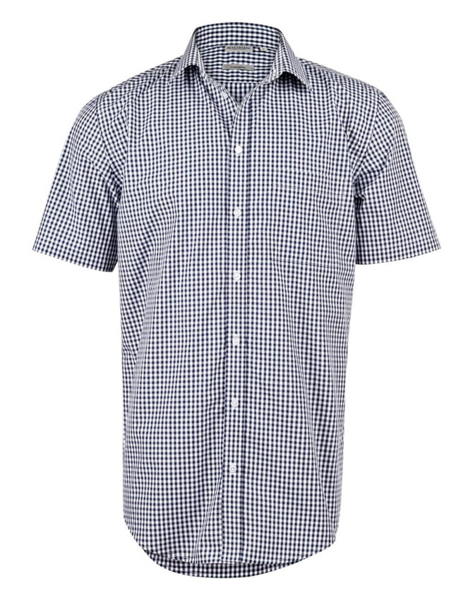 A short-sleeve navy and white gingham check button-up shirt with a collar and logo branding.