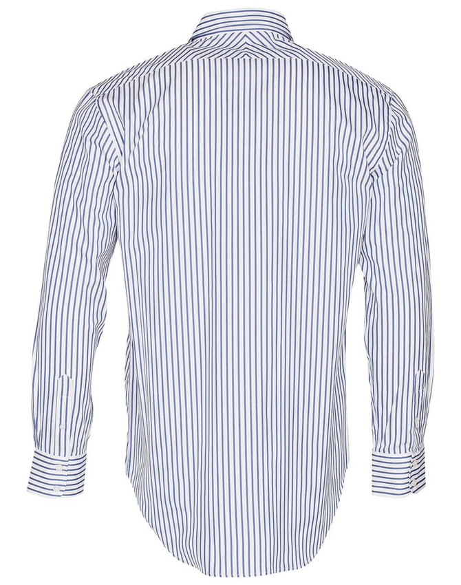 A men's long sleeve shirt in white with blue stripes, featuring a button-up design and a logo on the back.