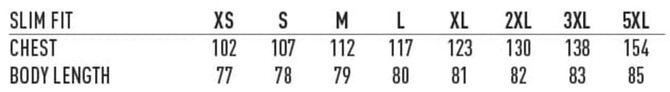 A size chart for a slim fit button-up shirt, detailing chest measurements and body length in various sizes from XS to 5XL.