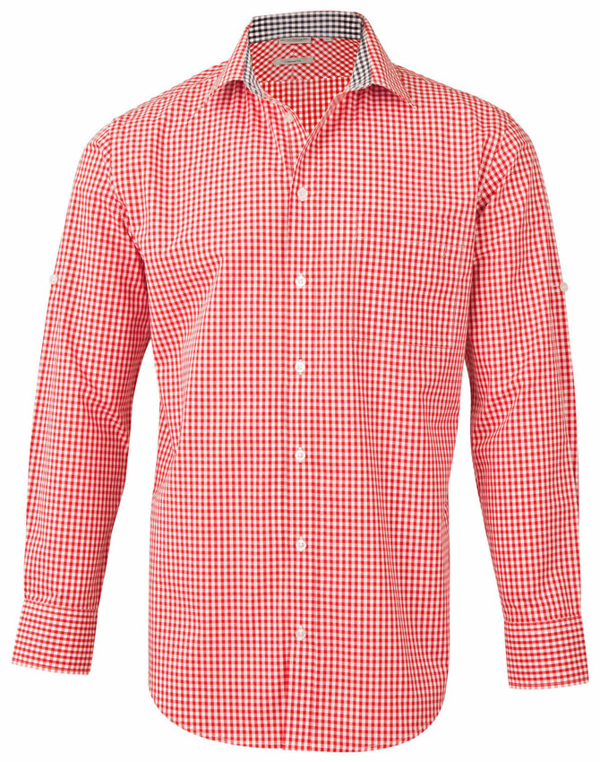 A red and white gingham check long sleeve button-up shirt featuring roll-up sleeves and a contrasting interior.