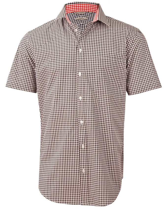 A short-sleeved men's button-up shirt featuring a black and white gingham check pattern with a red collar interior.