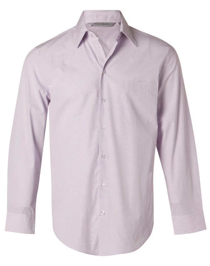A light purple men's long-sleeve button-up shirt with a single chest pocket and a collar.