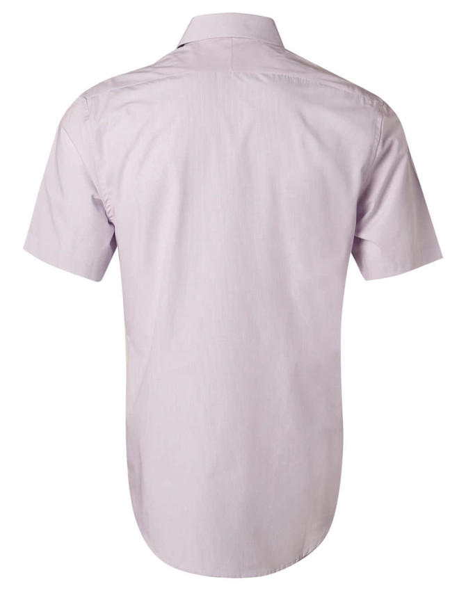 A short-sleeve men's button-up shirt in a light purple mini check pattern with a smooth back design.