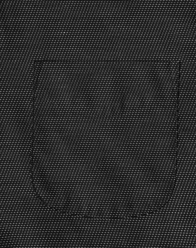 A close-up view of a black pin dot fabric featuring a pocket, showcasing a textured pattern.
