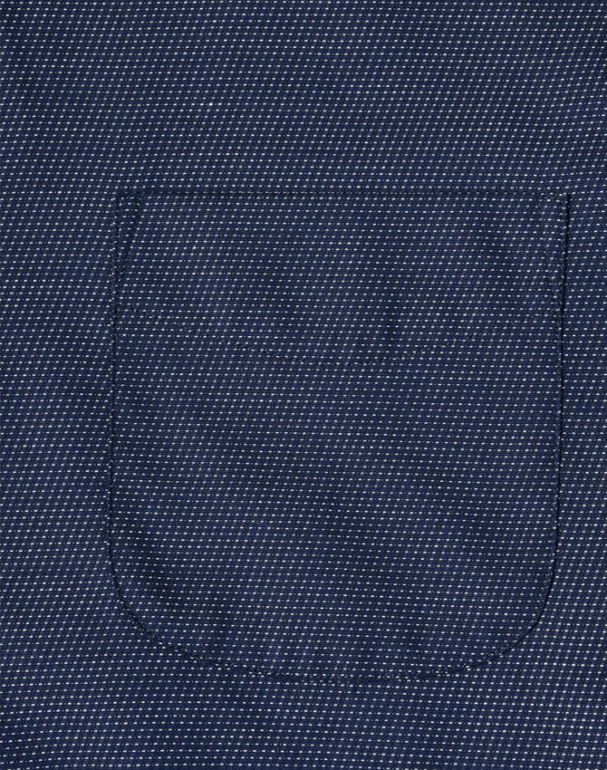 A navy blue button-up shirt with a pin dot pattern and a single pocket on the front.