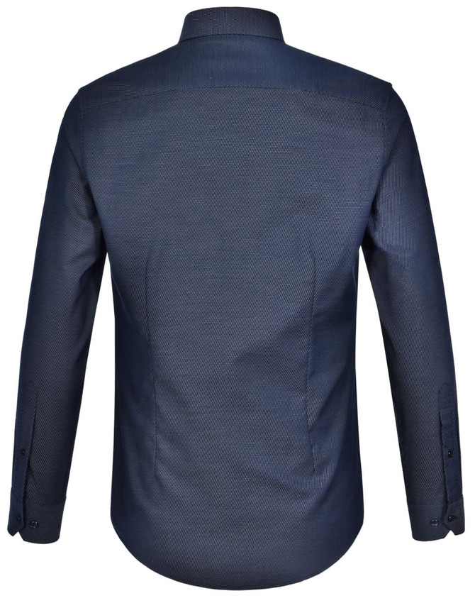 A navy blue men's long-sleeve button-up shirt with a pin dot pattern and a logo.