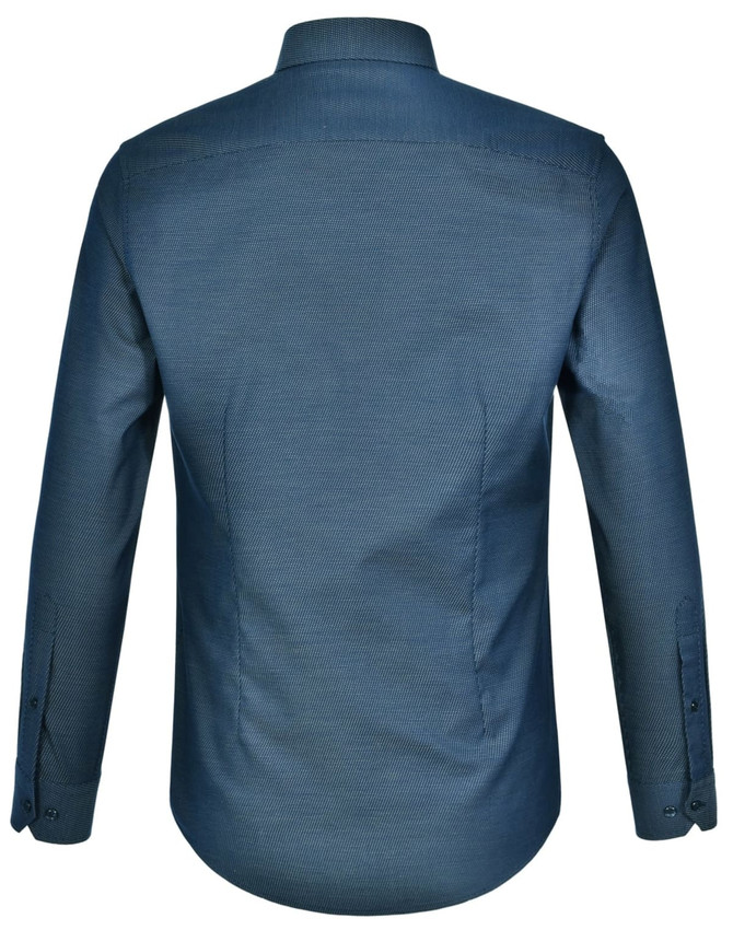 A blue men's long-sleeve button-up shirt featuring a pin dot design and a logo on the back.