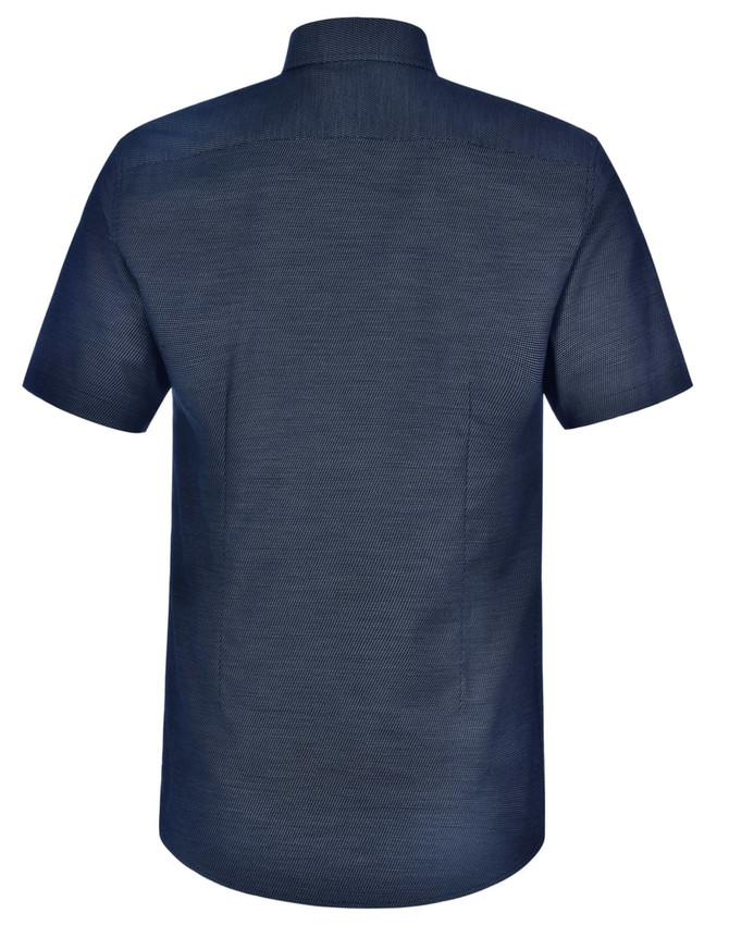 A short-sleeved men's button-up shirt in navy blue with a pin dot pattern and a logo on the back.