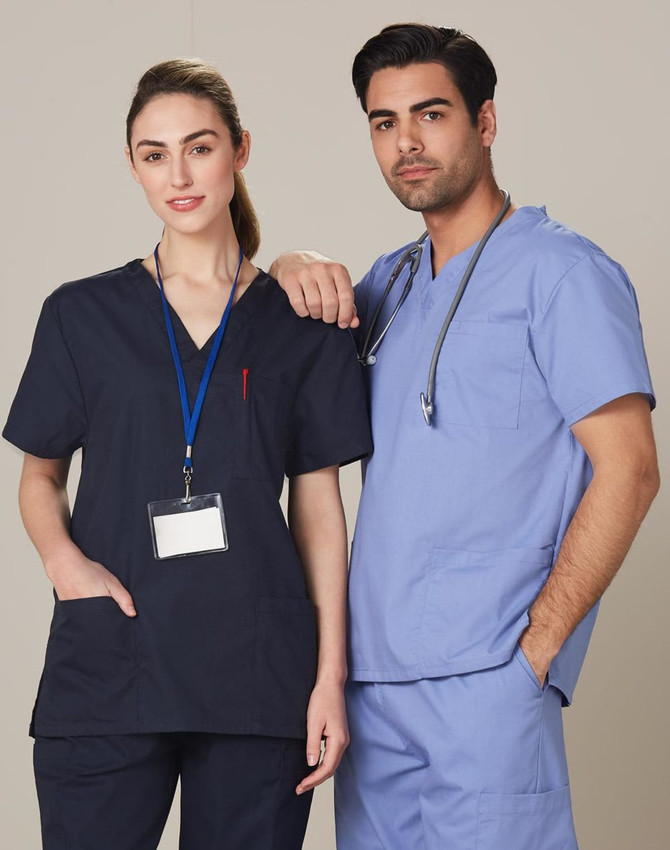 Unisex short sleeve scrub tops in navy and light blue, featuring a pocket and a logo.