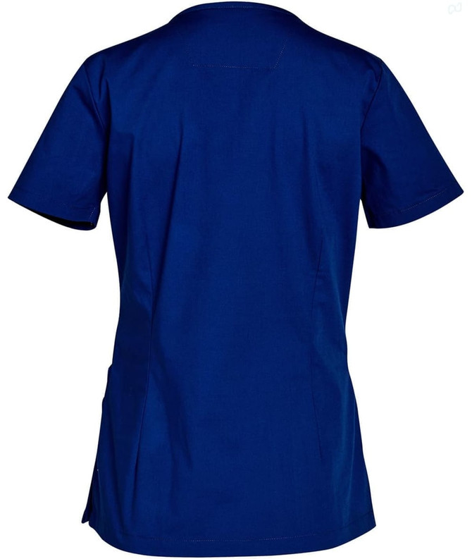 A solid navy short-sleeve scrub top with a slight tail and side pockets, featuring a logo on the back.