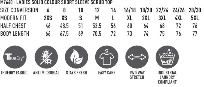 A solid colour short sleeve scrub top in various sizes, featuring a half chest measurement and two-way stretch design.