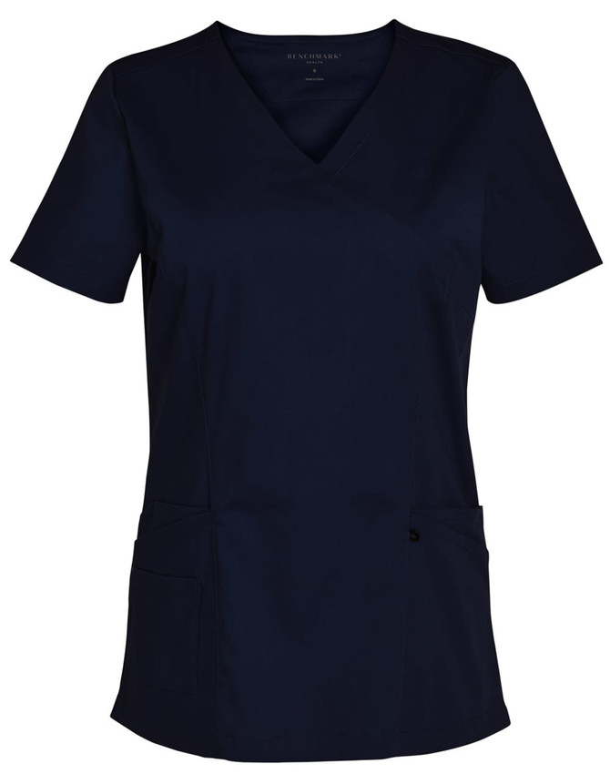 A navy short-sleeve scrub top featuring a V-neck and multiple pockets, with branding visible.