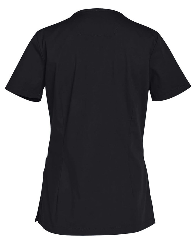 A black ladies' short sleeve scrub top with a simple, solid design and a logo at the back.