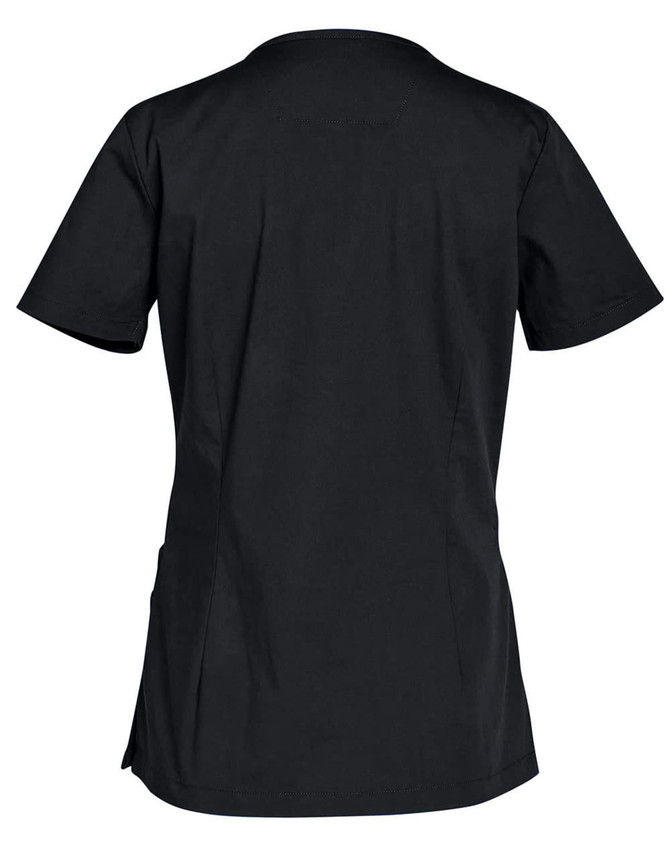 A black women's scrub top with short sleeves and a fitted design, featuring a logo on the back.