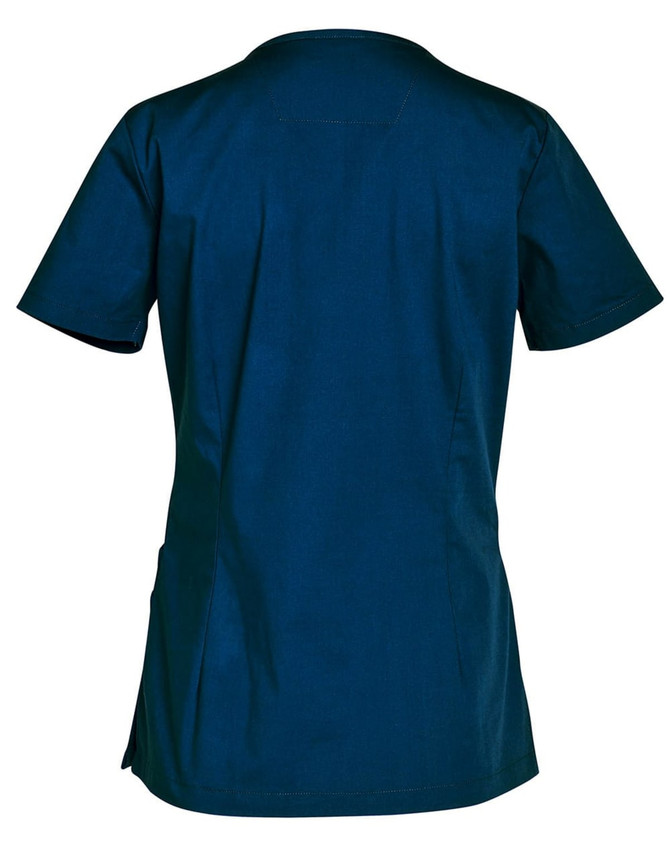 A solid dark teal short sleeve scrub top with a simple design and a logo on the back.