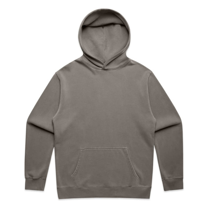 A faded green hoodie with a front pocket and a drawstring hood. It features a logo on the front.