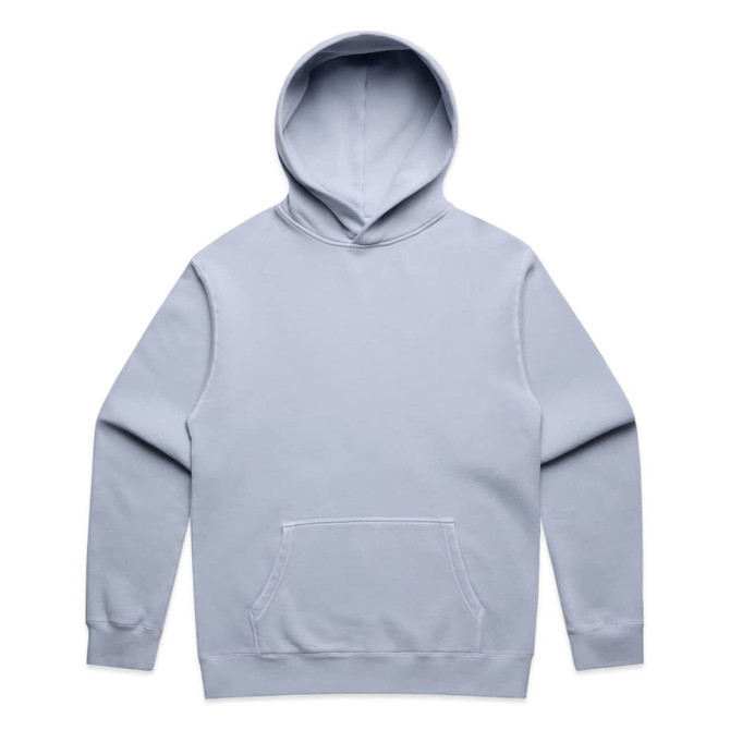 A light blue hoodie with a front pocket and an attached hood, featuring a logo.