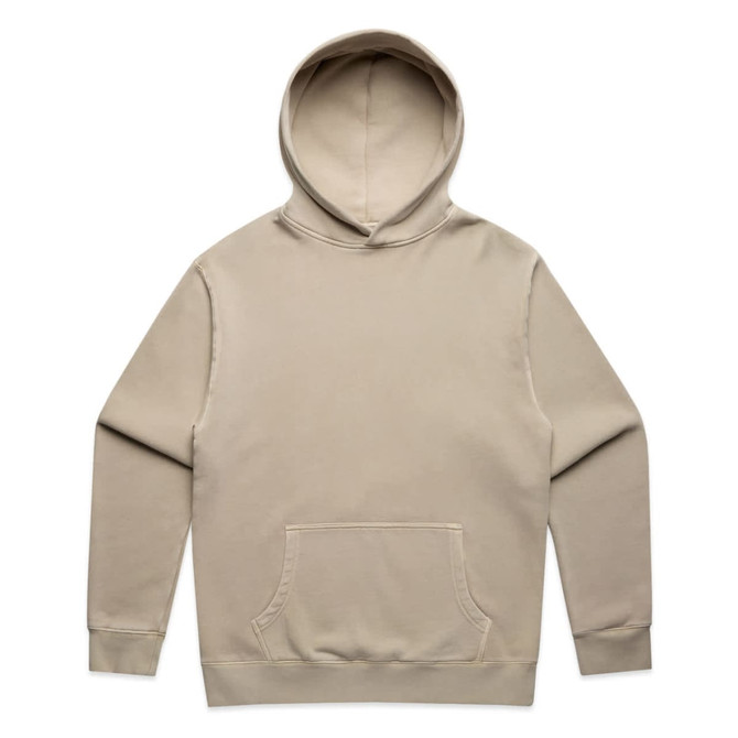 A beige hoodie featuring a front pocket and a hood, with a small logo on it.
