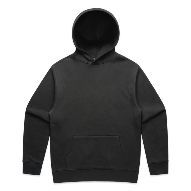 A black hooded jumper featuring a front pocket and a logo. Suitable for casual wear.