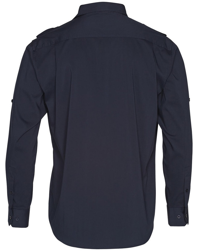 A men's long sleeve military shirt in navy blue, featuring a button-up design and shoulder epaulets.