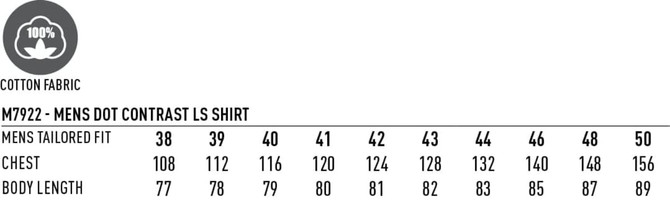 A size chart for a Men's Dot Contrast Long Sleeve Shirt in regular fit, displaying measurements for chest and body length.