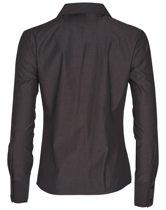 A dark grey women's button-up long sleeve shirt with a collar and buttoned cuffs, featuring a logo.