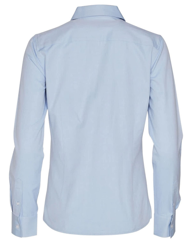 A long-sleeved, button-up shirt in light blue, featuring a simple design and a back view. Includes a logo.