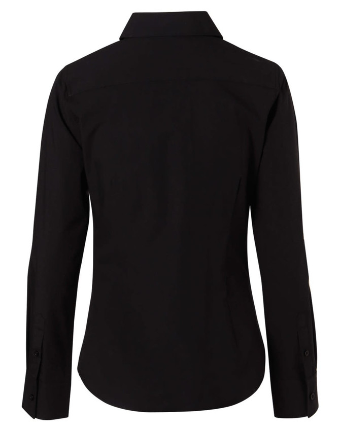 A black women's long-sleeve button-up shirt featuring a classic collar and fitted design. Includes branding.
