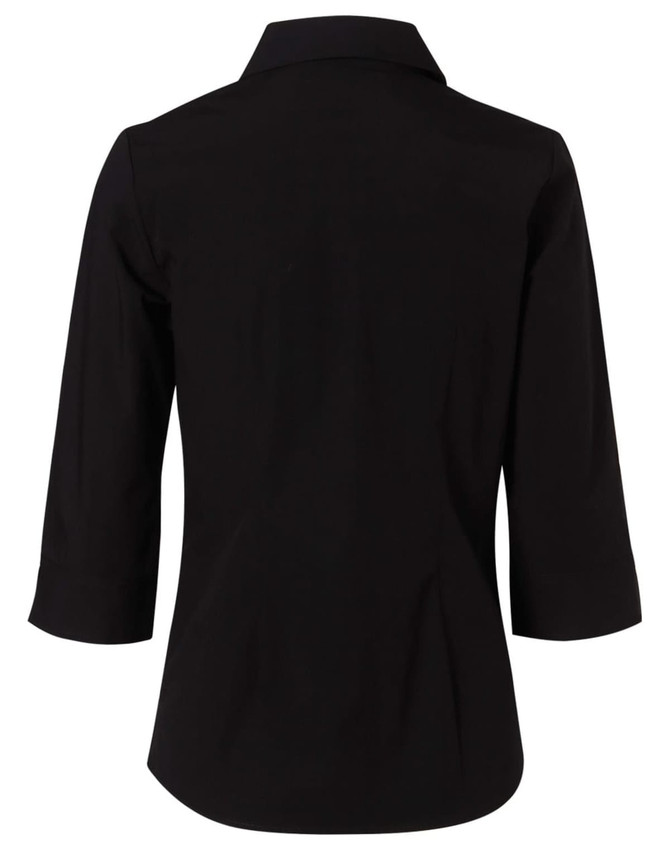 A black women's cotton/poly stretch shirt with 3/4 sleeves and a collar, featuring a smooth back design.