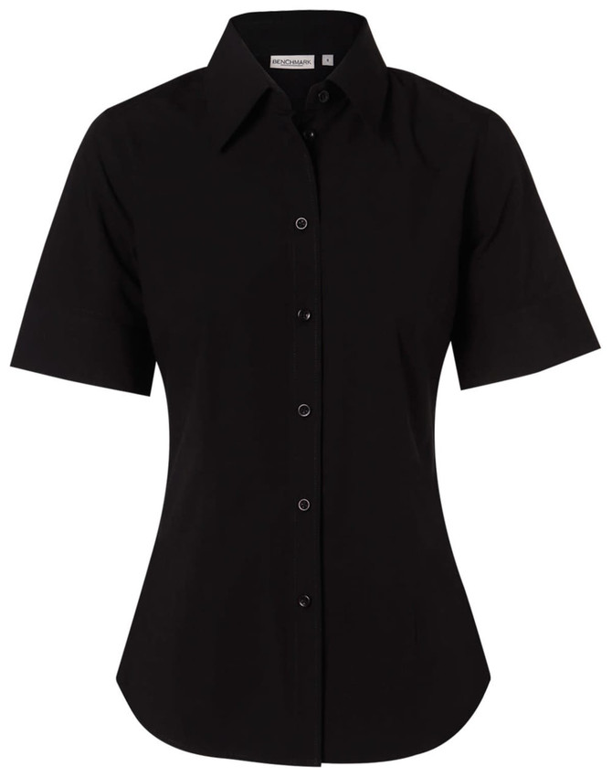 A black women's short-sleeve button-up shirt with a fitted design and a collar. It features a branded tag.