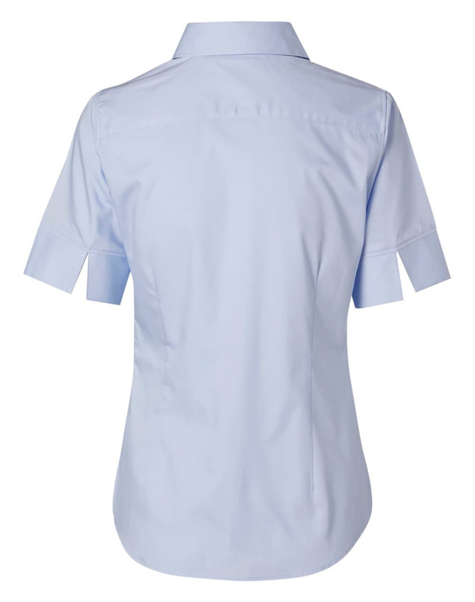 A light blue women's fine twill short-sleeve button-up shirt with a sleek design and a back yoke.