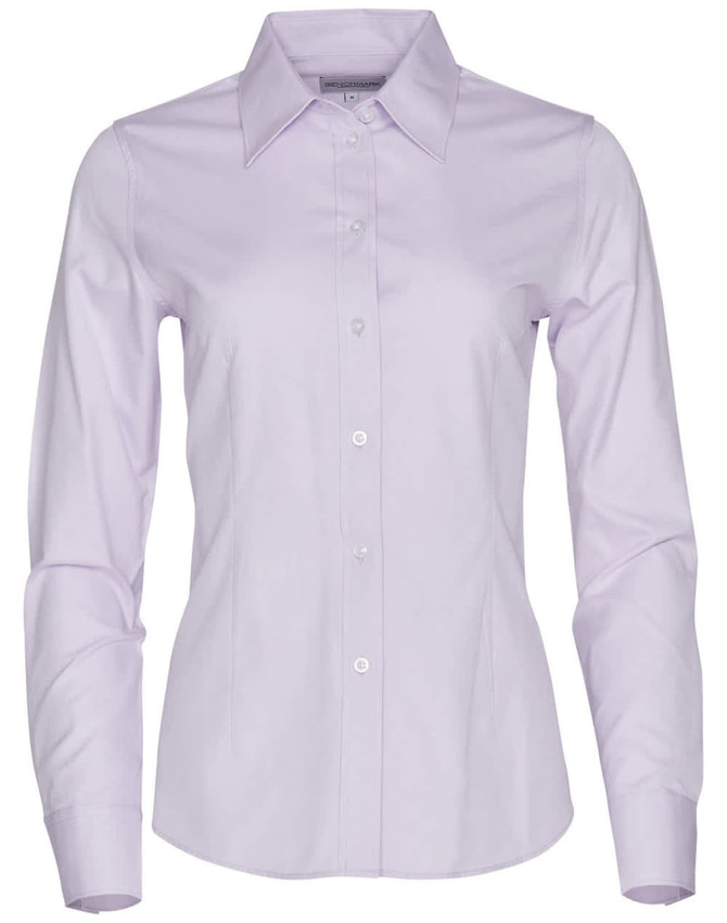 A lilac women's button-up shirt with long sleeves and a collar, featuring a logo on the chest.