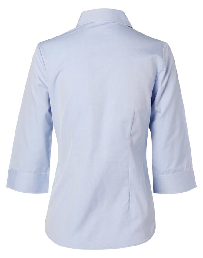 A light blue women's button-up shirt with 3/4 sleeves and a collar, featuring a logo on the back.