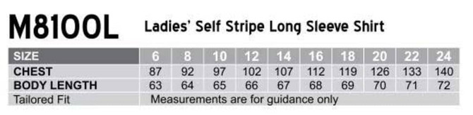 A chart displaying size measurements for a women's self stripe long sleeve shirt in tailored fit.