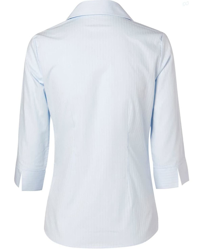 A light blue women's self-stripe button-up shirt with 3/4 sleeves, featuring a back view and a collar.