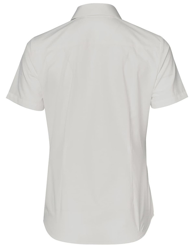 A short-sleeved ladies' shirt in light grey with a button-up front and a logo. Features a dobby striped design.