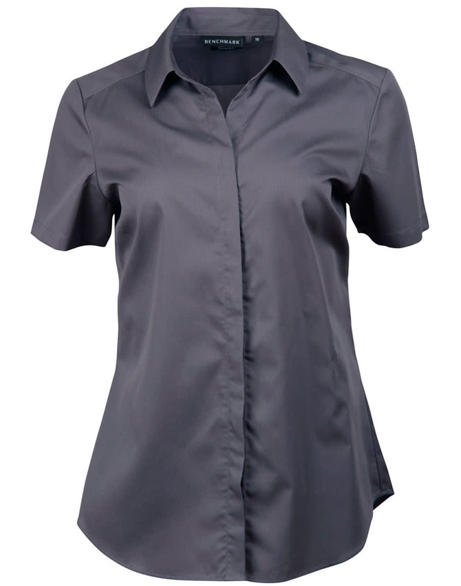 A short-sleeved, button-up shirt in dark grey with a subtle striped pattern and a branded label inside.