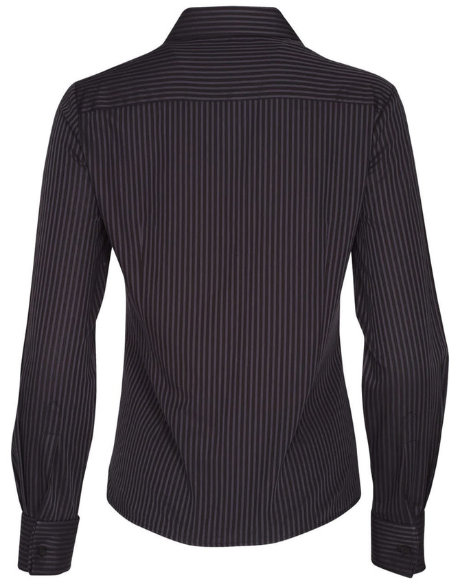 A women's long sleeve button-up shirt in dark grey with a dobby stripe pattern, featuring a collar and long sleeves.