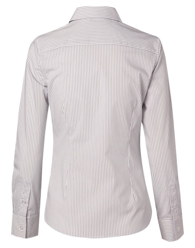 A women's long-sleeve button-up shirt featuring a grey and white ticking stripe pattern, with a collared neck and back yoke.