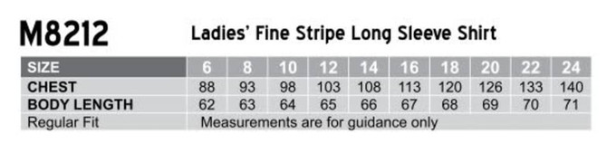 A chart displaying sizes and measurements for a women's fine stripe long sleeve shirt. Features a regular fit.
