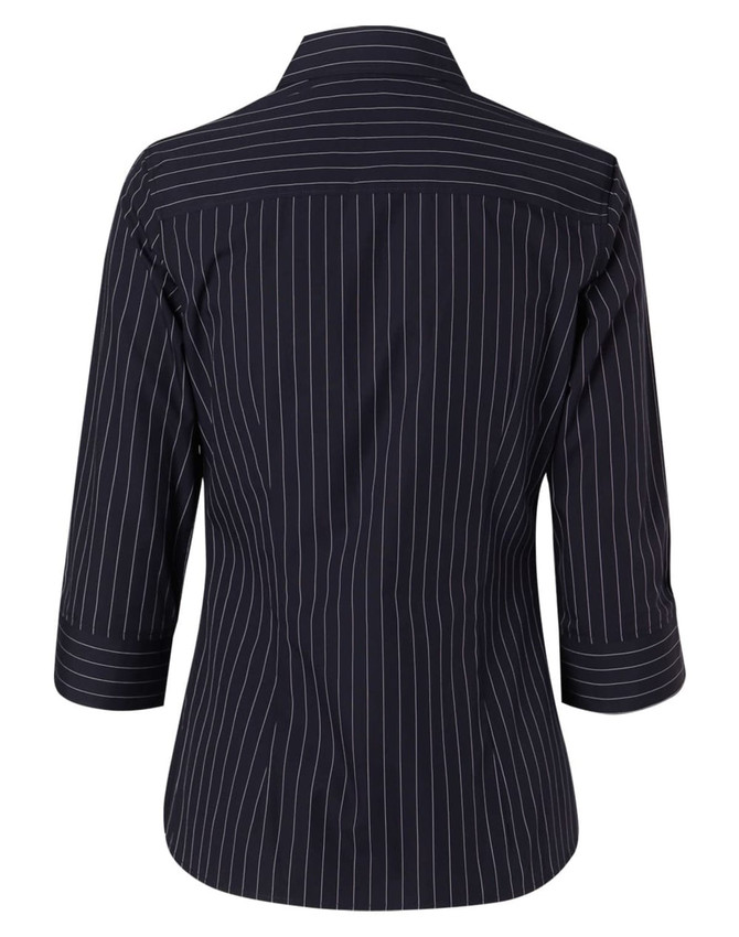 A women's navy pinstripe button-up shirt featuring 3/4 sleeves and a collar, with a logo present on the design.
